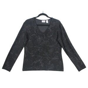 Chicos Black Long-Sleeve V-Neck Top With Subtle Glitter & Leaf Pattern Size 1